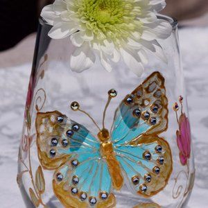 BLUE, WHITE, GOLD BUTTERFLY GLASS WITH PINK FLOWERS & CRYSTALS